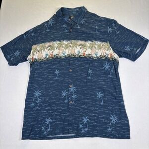 Boca Classics Mens Large Navy Blue Tropical Palm Tree Cocktail Tiki Rayon Shirt